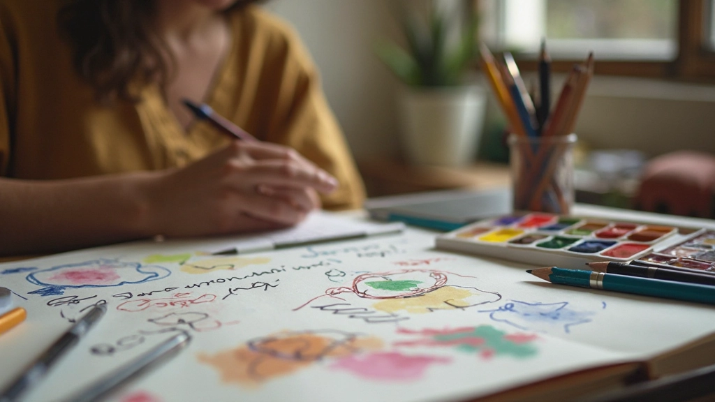 Verzameling van journaling-materialen: verschillende soorten pennen, markers, potloden, kleurpotloden en aquarel op tafel