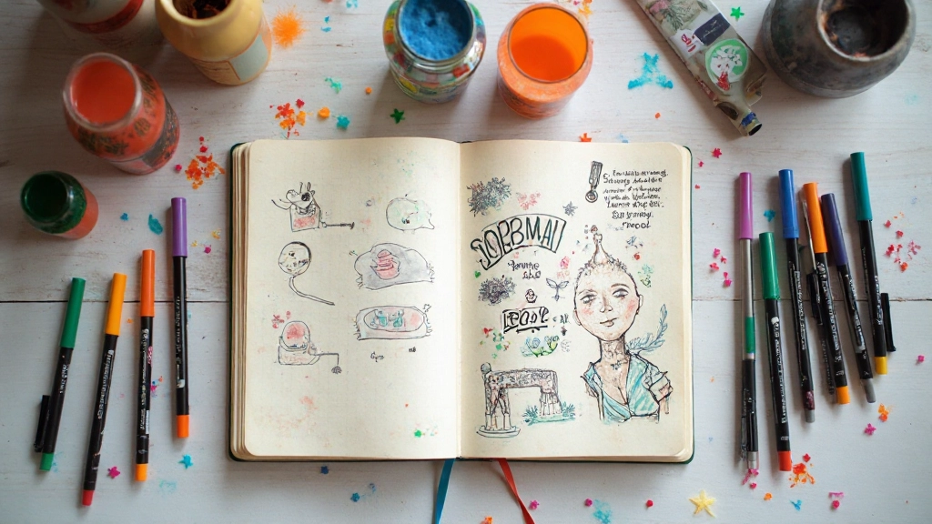 Kleurrijke pennen en markers op een open dagboek met kunstzinnige layouts en tekeningen