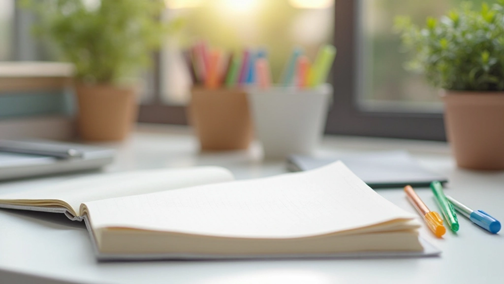 Kleurrijke pennen en markers op een wit bureau naast een open notitieboek