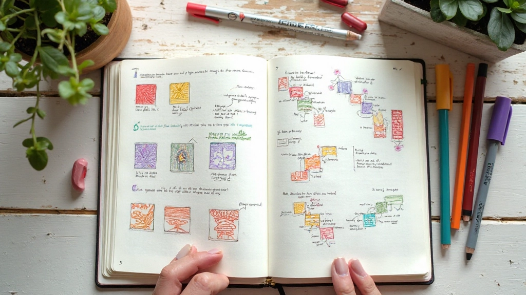 Stap-voor-stap voorbeeld van een dagboekpagina met kleurblokken, doodles en symbolische tekeningen