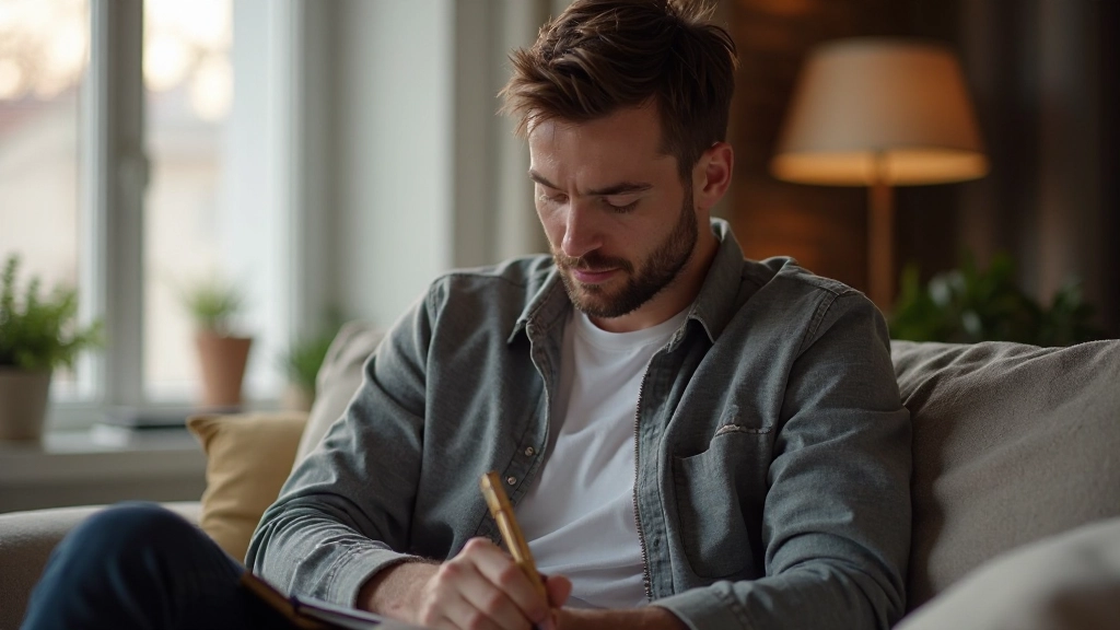 Iemand schrijft in een journal zittend op een bank in een rustig huis, zonlicht door het raam