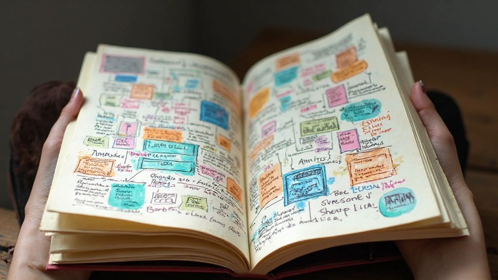 Open dagboek vol kleurrijke illustraties, patronen en handgeschreven notities met verschillende kleuren inkt