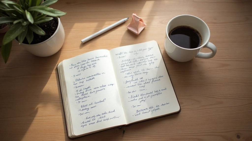 Geopend notitieboek met handgeschreven notities naast een kopje koffie op een houten bureau