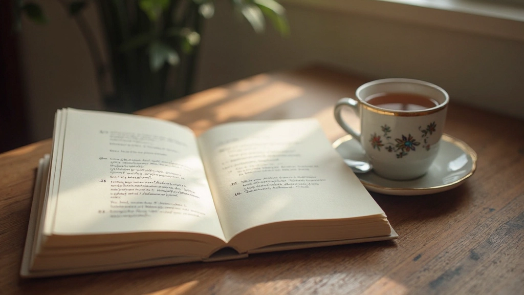 Open dagboek met handgeschreven aantekeningen en een kop thee naast zich, wat een ontspannen schrijfomgeving symboliseert