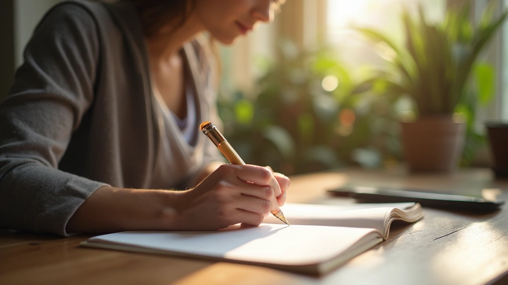 Iemand schrijft in een dagboek met rustgevende omgeving, plant op achtergrond, natuurlijk licht dat naar binnen stroomt