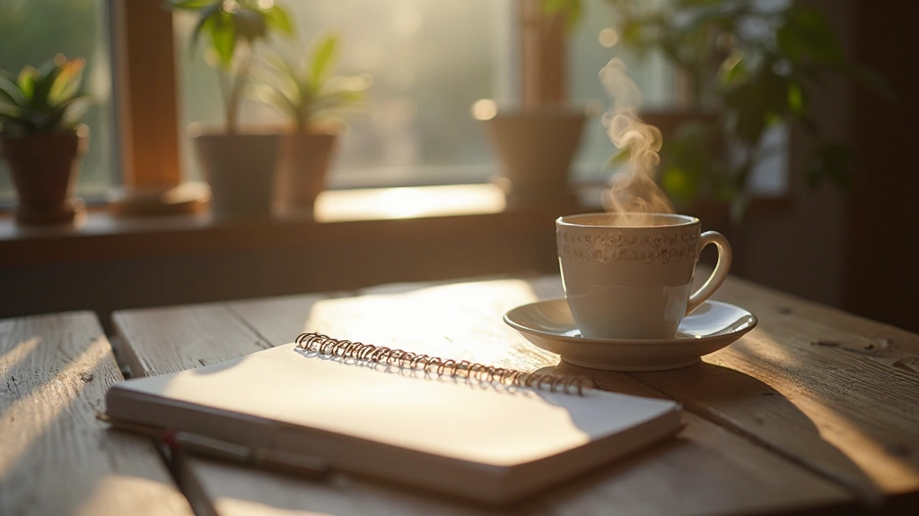 Rustige werkplek met dagboek en kopje thee in ochtendlicht, open notitieboek op houten tafel met natuurlijke zonnestralen