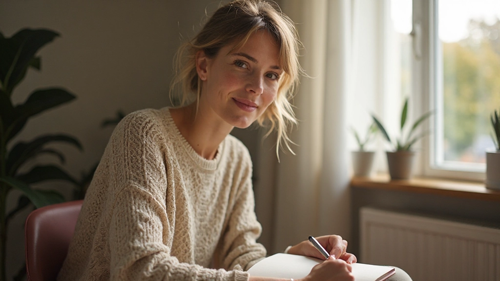 Vrouw in rustige hoek zittend met dagboek en pen, denkend en schrijvend in vreedzame huisomgeving, natuurlijk licht