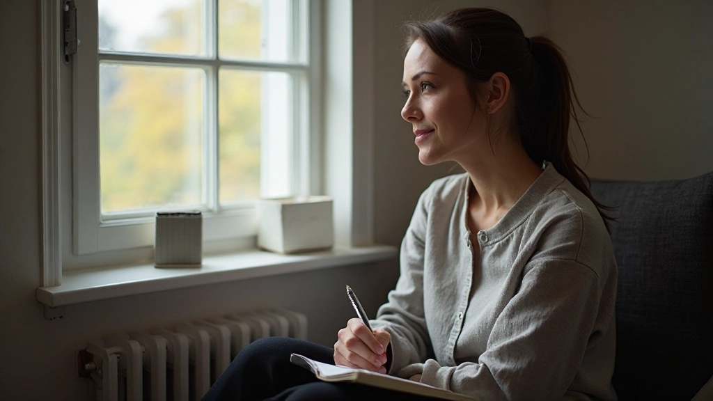 Vrouw zittend in een stille hoek met pen en dagboek, denkend en schrijvend in een rustige omgeving